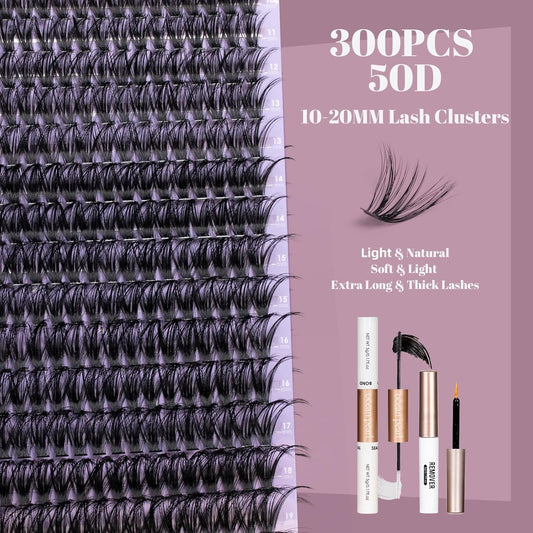 Ocean Pearl Lash Clusters 10-20mm 50D 300PCS Eyelash Extension Kit DIY Lash Extension Kit Natural Lashes Clusters D Curl Individual Lashes Soft Eyelashes with Lash Bond+Seal+Remover+Tweezer-50D