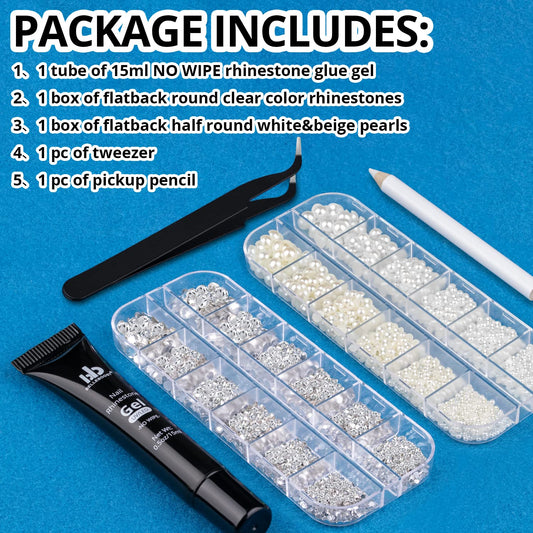 Nail Art Rhinestone Glue Gel&2 Boxes Flatback Gems Kit, 1 Tube of 15ml Rhinestone Gel Glue(UV/LED Needed)+Round Clear Gems+Flat-Back Half Round White&Beige Pearls with Pickup Tools