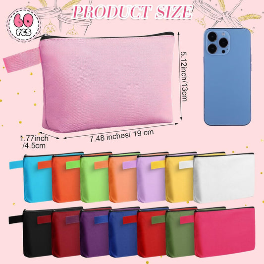 Reginary 60 Pieces Canvas Makeup Bags Bulk Cute Travel Cosmetic Pouch Multipurpose Blank Small Toiletry Bag DIY with Zipper for Women Teens Operation Christmas Gifts Items, 15 Colors(7.5 x 5 x 2 Inch)