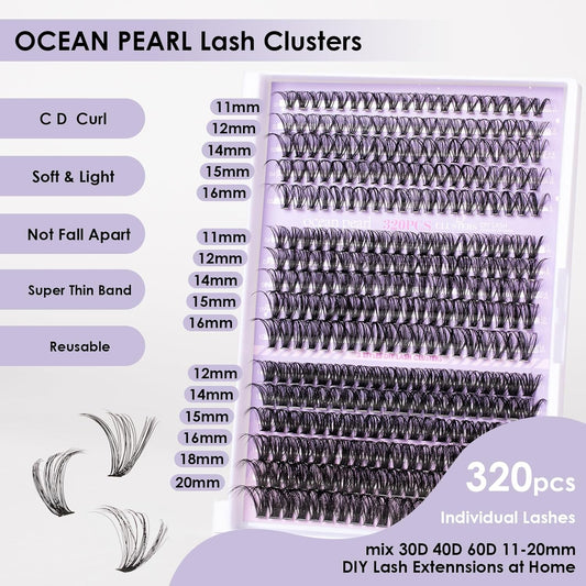 Ocean Pearl Lash Clusters 320PCS Natural Individual Lashes 11-20MM 30D 40D 60D Thick Volume Eyelash Extensions Soft Eyelashes D Curl Eyelash Clusters DIY Lash Extension-30+40+60D