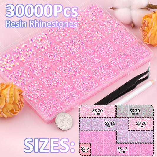 30000Pcs Light Pink AB Rhinestones for Bedazzling with B7000 Jewelry Glue, Bedazzler Kit Flatback Gems, Resin Rhinestones for Crafting Crafts Clothing Shoes Fabric Nail Art Assorted Size 2/3/4/5/6mm