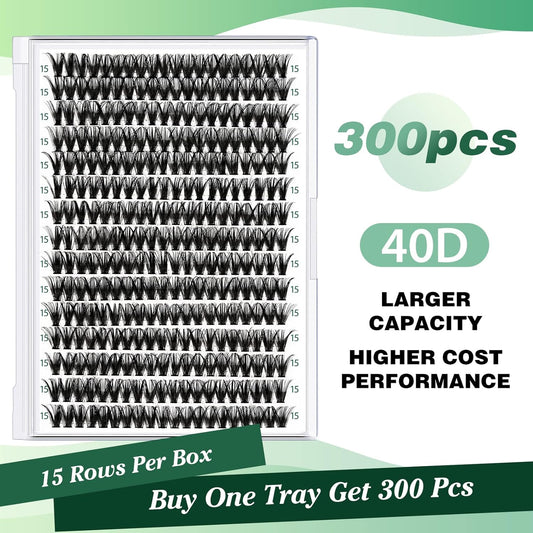 Lash Clusters 300pcs Individual Lashes 40D 0.07D Curl 15mm DIY Eyelash Extension KEYYOU Large Tray Volume Soft&Natural Cluster Lashes(40D-0.07D,15)