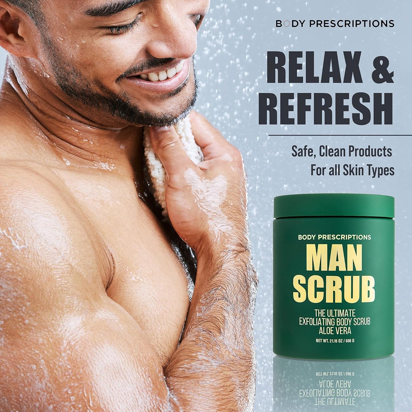 Body Prescriptions Men’s Exfoliating Body Scrub – Ultimate Skin Cleansing Wash in Jar with Twist-Top Lid, For All Skin Types, 21 Ounce (Pack of 1), Aloe Vera