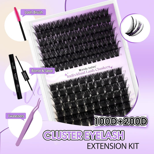 Lash Clusters Kit for Using at Home: Ultra-light, DIY, Natural, Fluffy, Wispy, Waterproof, Anime, Manga, Cat Eye, C Curl, 12-16mm, 100P+200P, Wendy, RT318