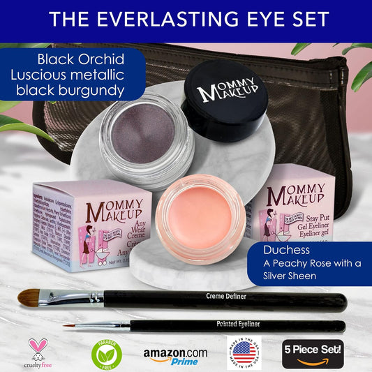 The Everlasting Eye 5 Piece Waterproof Makeup Set. Gel Eyeliner, Creme Eyeshadow, 2 brushes and Mesh Bag. Paraben-free, Talc-free, Cruelty-free. Duchess/Black Orchid 1708