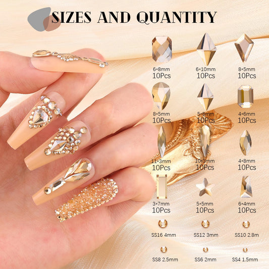3220Pcs Gold Nail Rhinestones, 1.5-4mm Mini Flatback Crystal & 3D Multi Shapes Gems, Champagne Gold Charms Diamond Gemstones for Nails Decoration