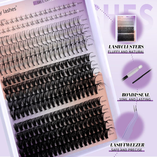 DIY Lash Extension Kit Lash Clusters With Bottom Lashes 20/30/40/50D 12-18mm Multi-types Individual Lashes Bond and Seal, Spike, Nature Volume Lashes Kit Lash Applicator(40/50 Kit)
