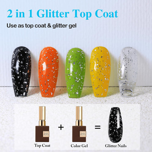 Double Rhythm 15ML No Wipe Gel Top Coat Base Coat Iridescent Glitter Shimmer 2 in 1 Nail Polish Soak Off Manicure DIY Home Salon (Silver Top Coat)