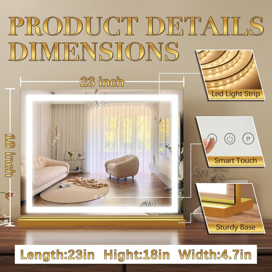 Gold Vanity Mirror with Lights 23x18 Inch, 3-Color Dimmable LED & Touch Control - Large Makeup Mirror for Dressing Room (Wall/Tabletop Mount)