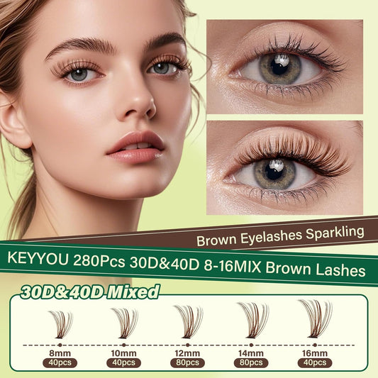 KEYYOU Brown Lash Clusters Natural Lash Extensions Wispy Eyelash Clusters 280Pcs D Curl Eyelash Extensions for Beginner Friendly Dark Lash Clusters Brown Eyelash Extensions (Brown-30D40D-D-8-16MIX)