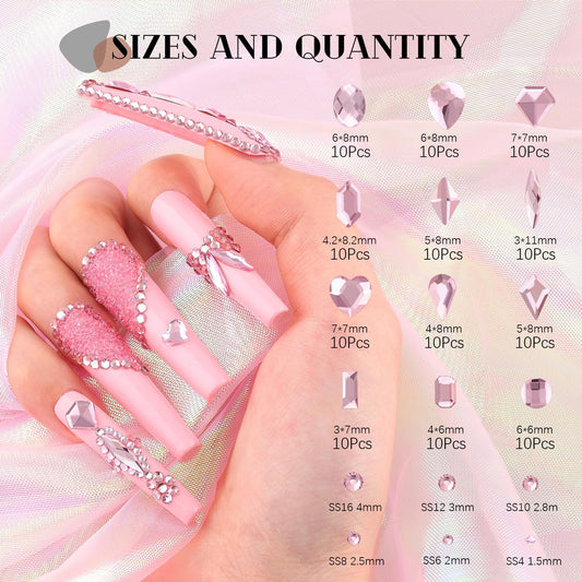 2680Pcs Pink Glass Nail Rhinestones 120Pcs Multi Shapes Flatback Nail Gems + 2560Pcs 1.5-4mm Round Crystal, Manicure Nail Charms Diamond Gemstones for Acrylic Nails Decoration