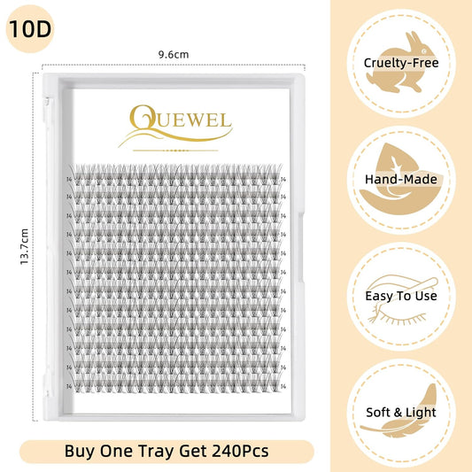 QUEWEL Cluster Lashes 240Pcs Individual Lashes 10D 0.10C Curl 14mm Knot-Free Lash Extensions Clusters Lashes Soft&Natural False Eyelashes Individual DIY Eyelash Extension at Home(10D 0.10C 14)