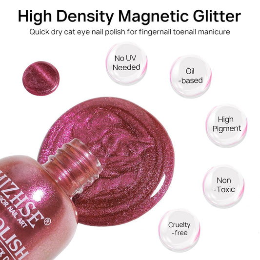 MIZHSE Quick Dry Cat Eye Nail Polish, Shimmery Pink Magnetic Nail Polish with Magnet, Air Drying Fast 15ml Plum Sauce Color Cateye Nail Lacquer for Women Girls Non-Gel Nail Art Manicure DIY Home