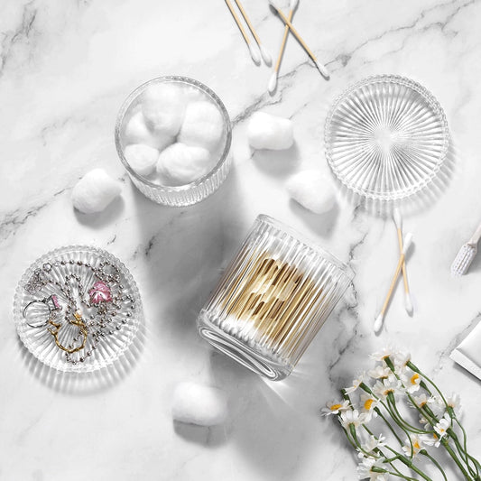 Glass Qtip Holder with Lid,Bathroom Organizer and Storage Jars - Apothecary Jars for Cotton Balls, Cotton Swabs,Pads,Floss Picks,Vanity Organizer,Bathroom Accessories and Countertop Storage Canisters