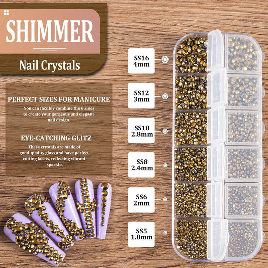 3600pcs Glass Mineral Gold Nail Rhinestones 6 Sizes(1.8/2/2.4/2.8/3/4mm) Flatback Crystal Nail Charms Jewels Decoration for Nail Art and Crafting, Tweezer and Pickup Pen included