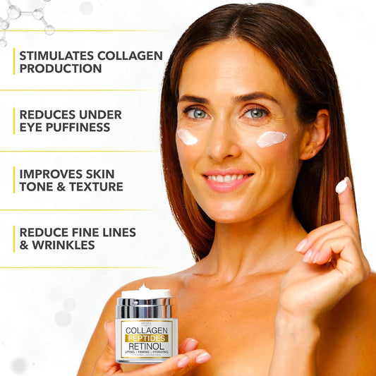 Retinol Cream for Face with Collagen, Peptides - Anti Aging Wrinkle Cream for Women and Men - Day-Night Facial Moisturizer with Hyaluronic Acid - Tightening and Skin Firming - Neck & Décolleté