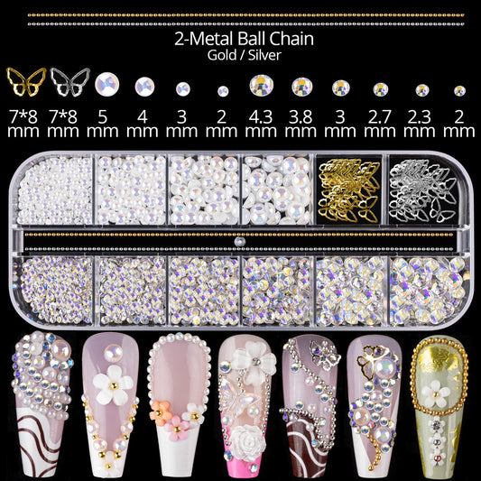 Mixed 3D Nail Art Gem Decoration Accessories Kit #7, Aurora Bear Bow Butterfly Starry AB Rhinestone Charm Jewelry for Deco, Pearl Flower Caviar Bead Stone Crystal with Pickup Pencil and Tweezer