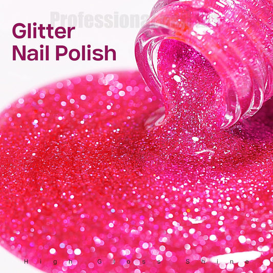 MIZHSE Quick Dry Glitter Rose Red Nail Polish, Shimmery Nail Polish Fast Drying, 15ml High Glossy Sparkly Shiny Nail Lacquer Nail Art Salon Manicure Home