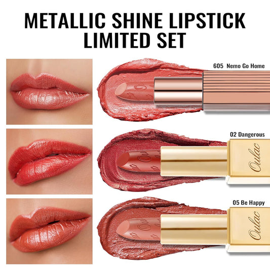 Oulac Metallic Orange Lipstick Set 3PCS, Comfortable Creamy Texture, Smooth No Grainy Feeling, Vegan & Gluten Free, Full-Coverage Lip Makeup, 3 X 4.3 g, 605+02+05