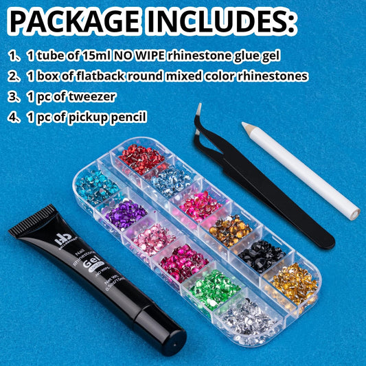 Nail Art Rhinestone Glue Gel&Flatback Gems Accessories Kit, 1 Tube of 15ml Rhinestone Gel Glue(UV/LED Needed)+1 Box of Flat-Back Round Mixed Color Gemstones with Pickup Pencil and Tweezer