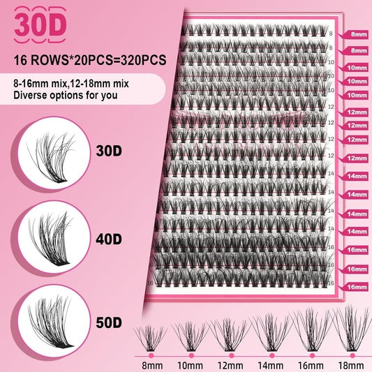 Lash CIusters 320Pcs Individual Lashes 3D Volume Cluster Lashes Natural Look Eyelash Clusters Faux Mink Wispy Lashes 30D-D Mixed DIY Lash Extension (3D Volume-30D-D,8-16mix)