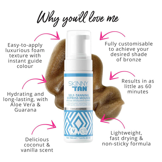 Skinny Tan Self-Tanning Express Mousse - Lightweight, Fast Drying and Long Lasting Formula - Achieve Your Desired Shade of Bronze - Delicious Coconut and Vanilla Scent - 1 Hour Express - 5 oz
