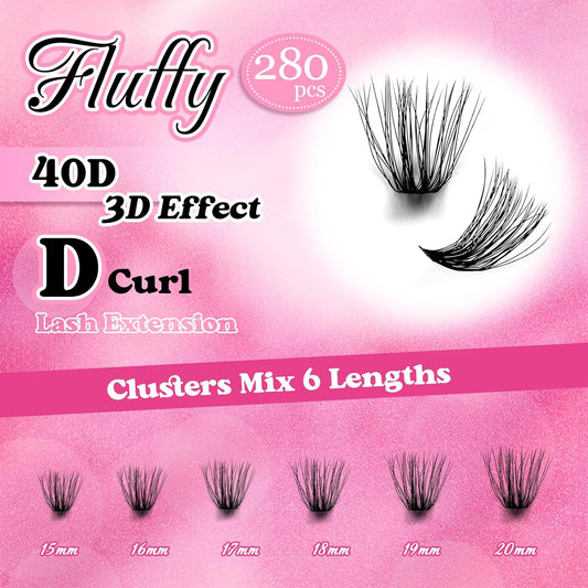 Lash Clusters 240pcs 40D 15-20mm Cluster Lashes Mixed Tray 3D Effect Volume Individual Lashes Cluster Eyelash Extensions Fluffy Soft D Curl DIY Lash Extension Kit at Home (40D-0.07-D,15-20mm)