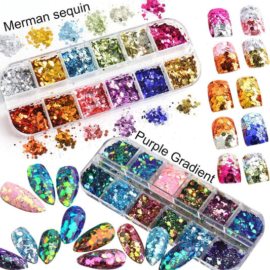 2 Boxes 24 Colors Chameleon Holographic Glitter Mermaid Nail Art Sequins 3D Flakes Laser Gradient Nail Glitter Design Shiny Glitters Powder Accessories for Women Manicure DIY Decorations