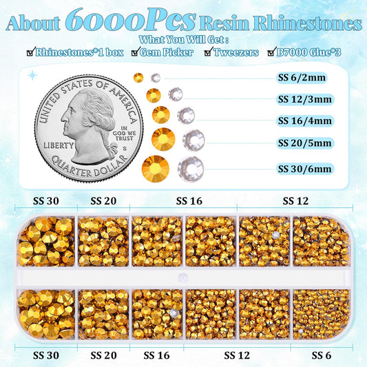 6000Pcs Resin Rhinestones for Bedazzling with 3Pcs B7000 Jewelry Glue, 1 Box Mine Gold Flatback Rhinestones for Crafting Crafts DIY, Crystals Gems for Clothing Shoes Tumblers Nail Art Makeup