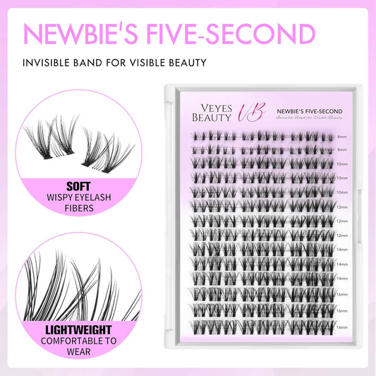 VEYESBEAUTY Lash Clusters Eyelash Extensions Thin & Invisible Band DIY Individual False Eyelashes Newbie's Five-Second Series Wispy Lash Tray for Self-application, Whisper Lashes 8-16mm Mixed Length
