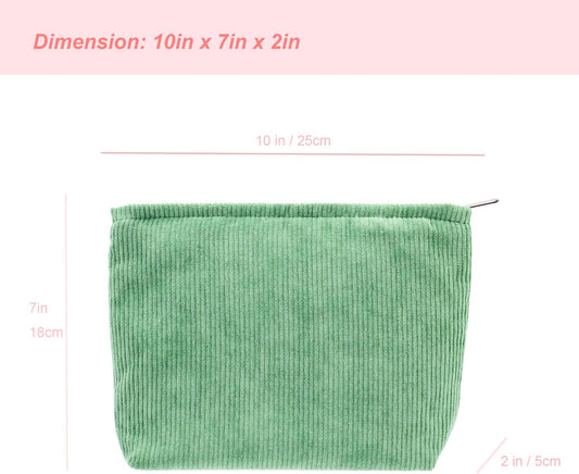 PAZIMIIK Makeup Bag Large Zipper Corduroy Make Up Pouch for Purse Travel Canvas Cosmetic Organizer for Women Brush Storage,Green