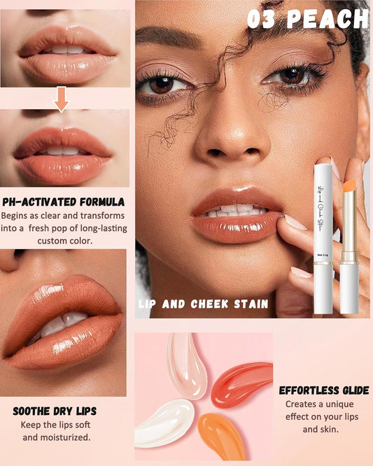 PH Color Changing Lipstick, Waterproof Temperature Color Change Lip Balm, Multi-Use Lip and Cheek Tinted Lip Gloss, Long-Lasting Hydrating Moisturizing Lip Tint,Festival Makeup Gift for Women-03 Peach