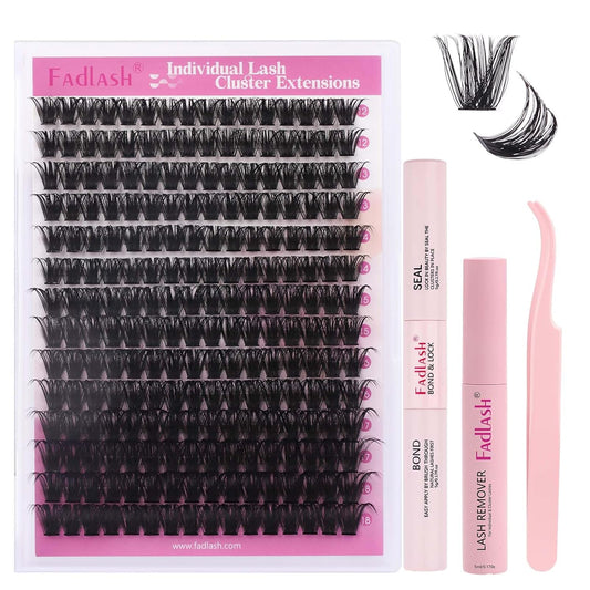 FADLASH Lash Extension DIY Kit Lash Clusters D Curl Cluster Lashes with Lash Bond and Seal Cluster Lashes Glue Remover Lash Tweezers for DIY Eyelash Extension at Home(Kit 100D-0.07D-12-18MIX), black