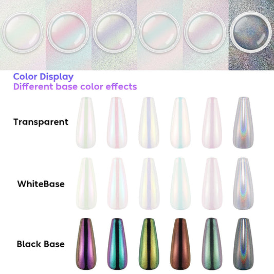 AIMEILI Pearl Chrome Nail Powder, Vegan, Cruelty Free, 6 Colors Aurora Metallic Holographic Mirror Effect Nail Art Pigment Iridescent Shell Glitter Nail Art