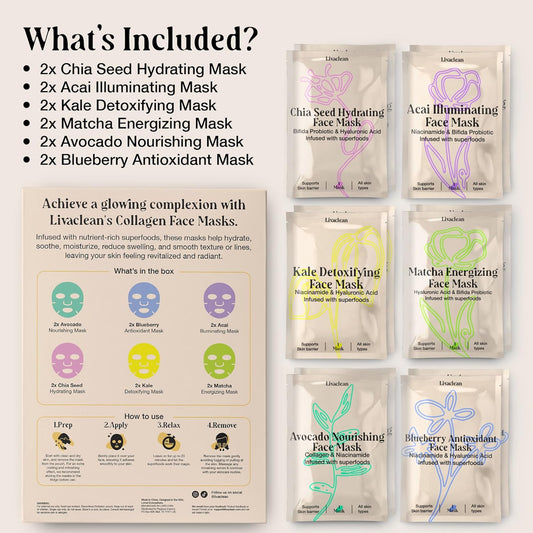 LivaClean 12 CT Face Masks Skincare - Collagen Sheet Mask - Hydrating Face Masks Bulk with Glycerin, Hyaluronic Acid, Aloe Vera - Soothing, Refreshing, Moisturizing Formula for All Skin Types