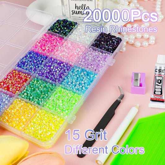 Canvalite 18000PCS Nail Rhinestones for Crafting, Multicolor 3mm Flatback Rainbow Gems, Bedazzling Crystal with 4Pcs 2.5g Jewelry Glue for DIY Crafts Clothing Shoes Nail Art,Stocking Stuffers Gifts