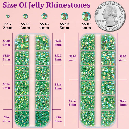 Resin Jelly Rhinestones for Crafting with B7000 Jewelry Glue, 2 Boxes Dark Green AB Flatback Crystals with 3Pcs 10ml Glue, Bedazzling Non Hotfix Gems for DIY Tumblers Clothing Shoes Manicure