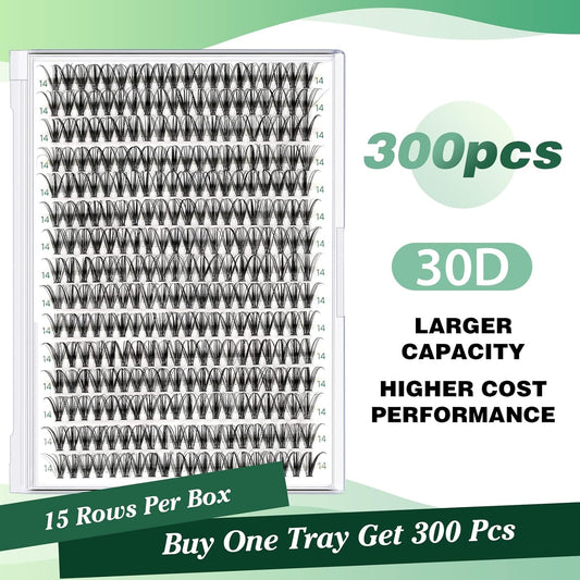 Lash Clusters 300pcs Individual Lashes 30D 0.07D Curl 14mm DIY Eyelash Extension KEYYOU Large Tray Volume Soft&Natural Eyelash Clusters(30D-0.07D,14)