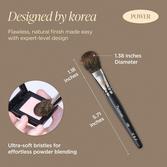 Piccasso 108 Blusher Brush – Soft Gray Squirrel Hair for Smooth and Natural Cheek Makeup, Fluffy Powder Applicator with Excellent Color Payoff, Small Face Brush for Daily Use, Professional Beauty