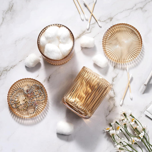 2 Pack Glass Qtip Holder Dispenser Set - Bathroom Organizer for Cotton Swabs, Balls, Pads, Floss Picks - Clear Apothecary Jars for Vanity, Makeup Storage, Bathroom Accessories Decor (Amber)