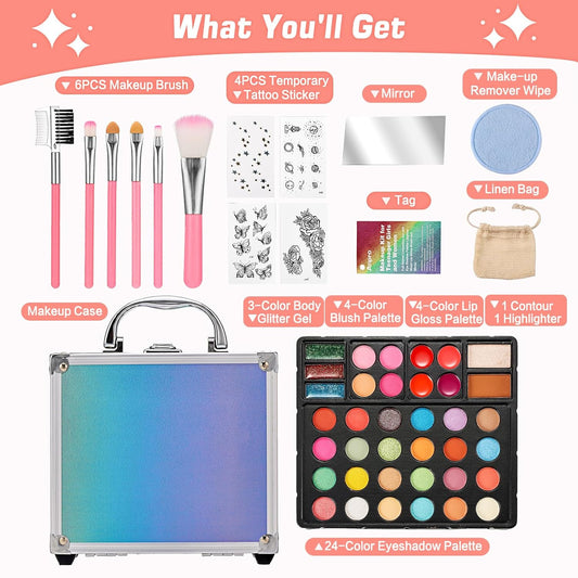Anpro All-In-One Makeup Carry Case with Pro Teen Makeup Set, Full Starter Cosmetics Kit with Makeup Brushes, Eye Shadows Palette, Blushes, Glitter Gel, Temporary Tattoo Stickers - Blue