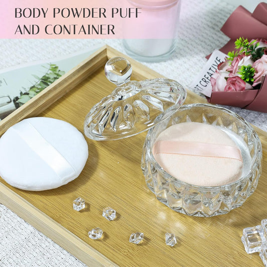Body Powder Puff and Container, Crystal Dusting Powder Container with Puffs, Ridged-Lid Body Powder Jar with 2 Washable Reusable Soft Powder Puffs (Large Size)