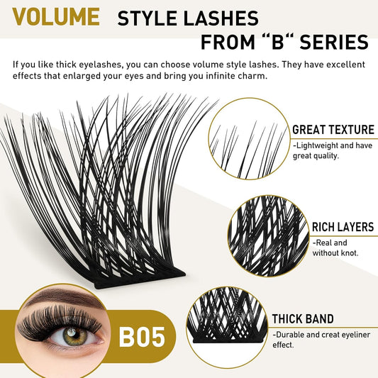 Lash Clusters B05 D Curl 12 mm DIY Eyelash Extensions 72 Clusters Lashes B&Qaugen Fluffy Individual Lashes Eyelash Clusters Extensions Individual Lashes Cluster DIY at Home (B05,12 mm)