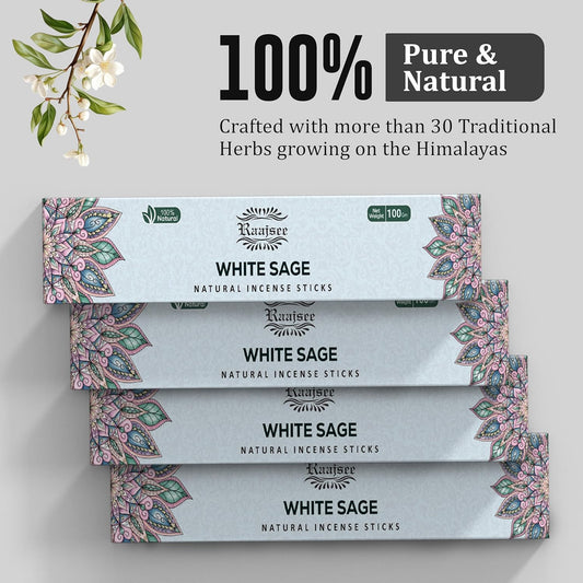 Raajsee White Sage Incense Sticks (180 gm), 100% Pure Organic Natural Hand Rolled Free from Chemicals - Perfect for Aromatherapy, Cleansing, Meditation, and Church (Pack of 12)
