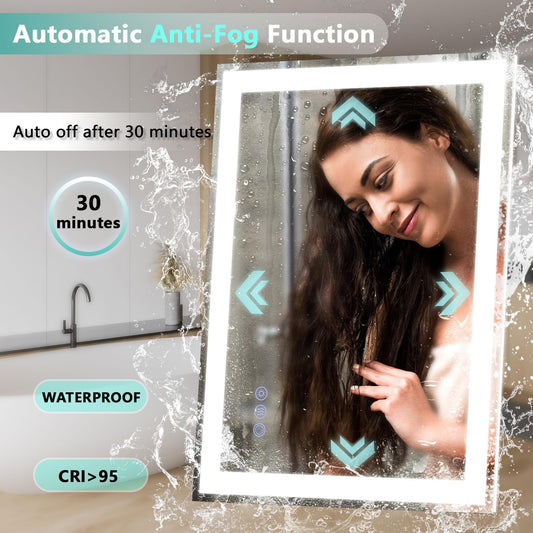 20"x 28" LED Bathroom Mirror, 3 Colors Vanity Mirror with Lights, Front and Backlit Bathroom Mirror with Lights, LED Smart Mirror for Bathroom, Tempered Glass, Anti-Fog, Stepless Dimmable, Memory