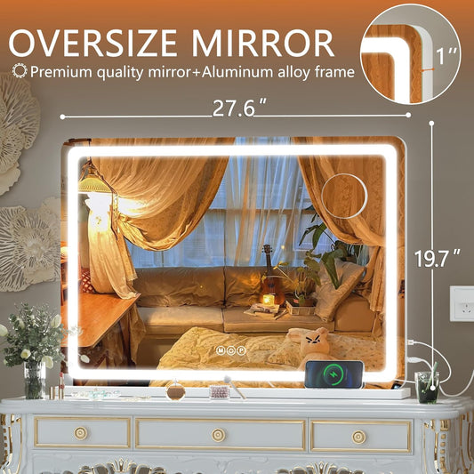 Hasipu Vanity Mirror with Lights, 27.6" x 20" LED Makeup Mirror, Lighted Makeup Mirror with Dimmable 3 Modes, Touch Screen Control Vanity Mirror Round White