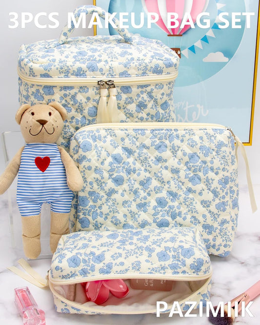 PAZIMIIK 3PCS Makeup Bag SET Large Travel Quilted Zipper Soft Cosmetic Case Pouch for Women Girls Make Up,Little Flower Blue