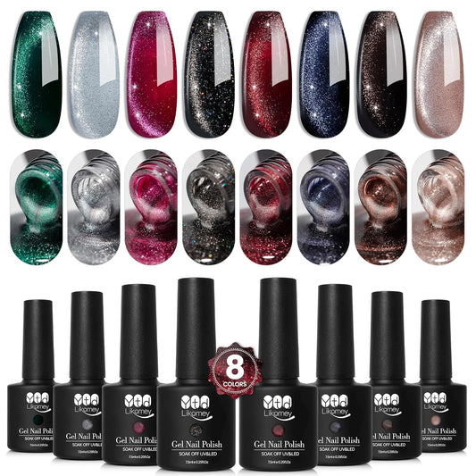 YTD Likomey Cat Eye Gel Nail Polish Set,Fall Winter 8 Colors Crystal Magnetic Glitter with Magnet Stick Kit,Silver Green Blue Black Champagne Gold Brown Plum UV Color Varnish,0.25 Fl Oz 7.5 ml