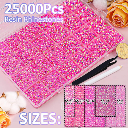 25000Pcs Resin Jelly Rhinestones with Tweezers for Crafting, Hot Pink AB Flatback Gems, Bedazzling Crystal with 3Pcs 10ml B7000 Jewelry Glue for DIY Crafts Clothing Tumblers Shoes Fabric Nail Art