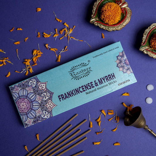 Raajsee Frankincense & Myrrh Incense Sticks, 100%-Natural Charcoal Free Organic Non Toxic Clean Burning Handmade Insence Sticks 100 gm Pack, Meditation Gifts – Spritual Cleansing